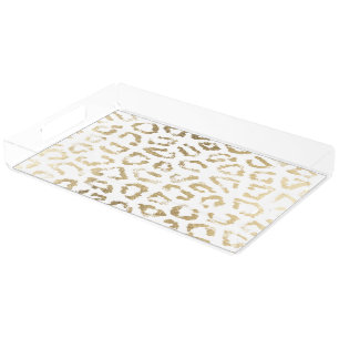 Chic white faux gold foil leopard animal print acrylic tray