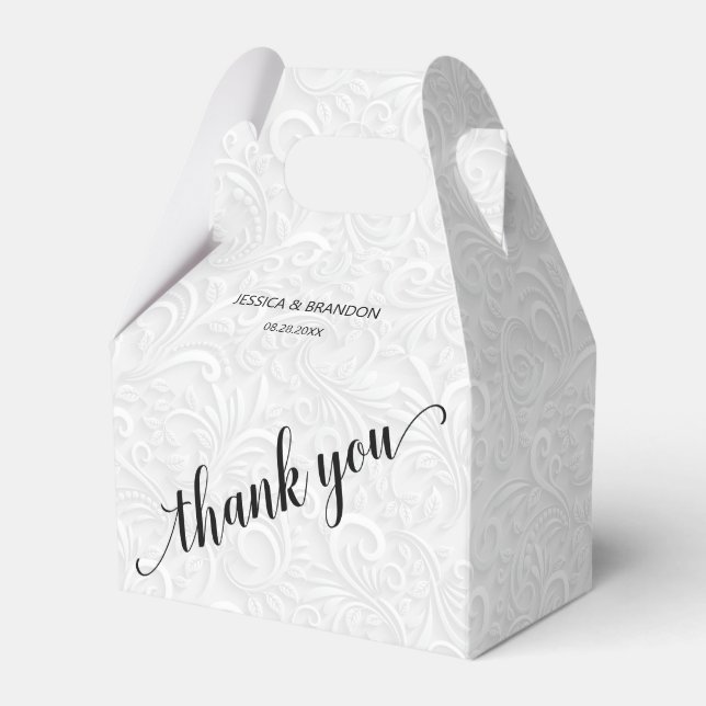 Chic White Filigree Wedding Thank You Favor Boxes (Front Side)