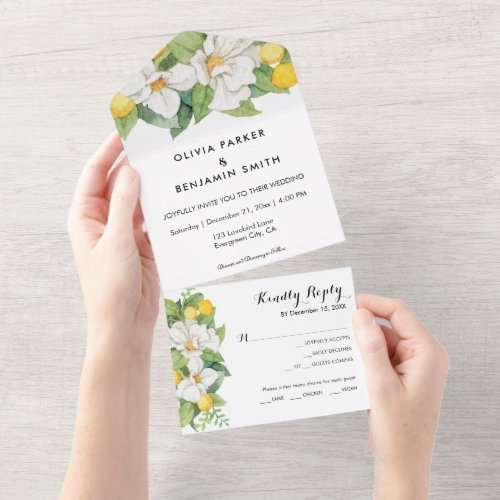 Chic White Floral and Lemon Greenery Wedding All In One Invitation