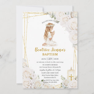 Chic White Floral Baptism Christening Praying Girl Invitation