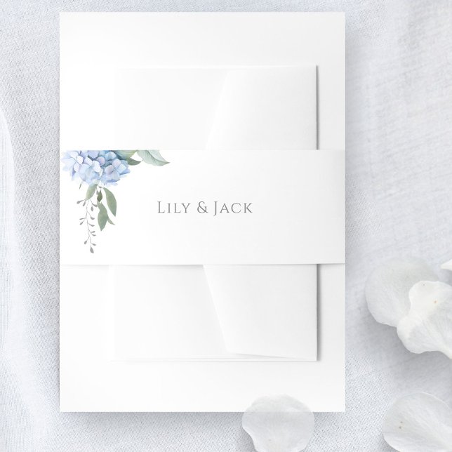 Chic White & Floral Blue Hydrangea Wedding Invitation Belly Band (Creator Uploaded)