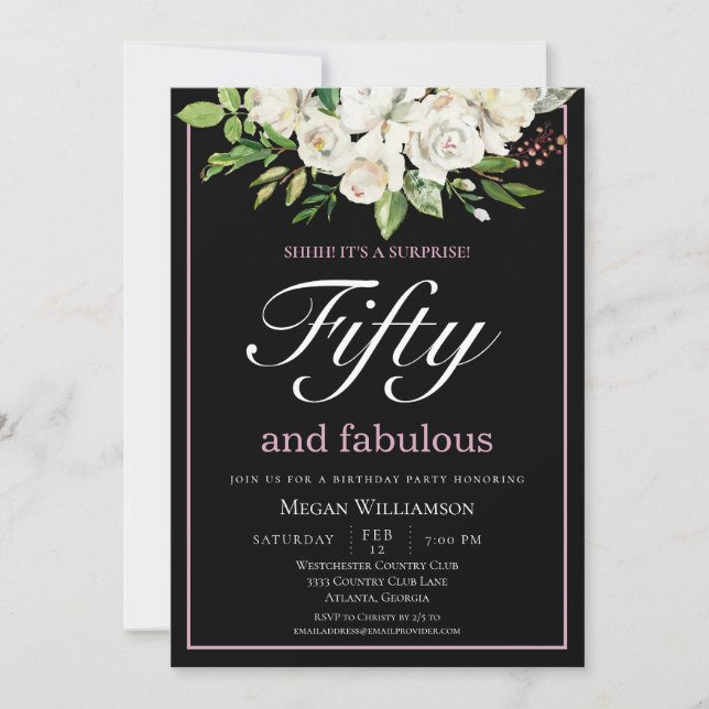  Chic White Floral Fifty and Fabulous Birthday Invitation (Front)