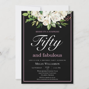 Chic White Floral Fifty and Fabulous Birthday Invitation