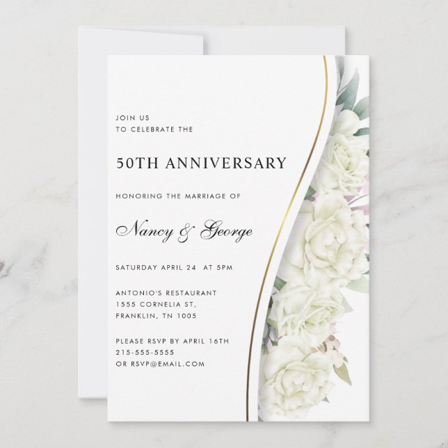 Chic White Floral Foliage 50th Wedding Anniversary Invitation (Front)