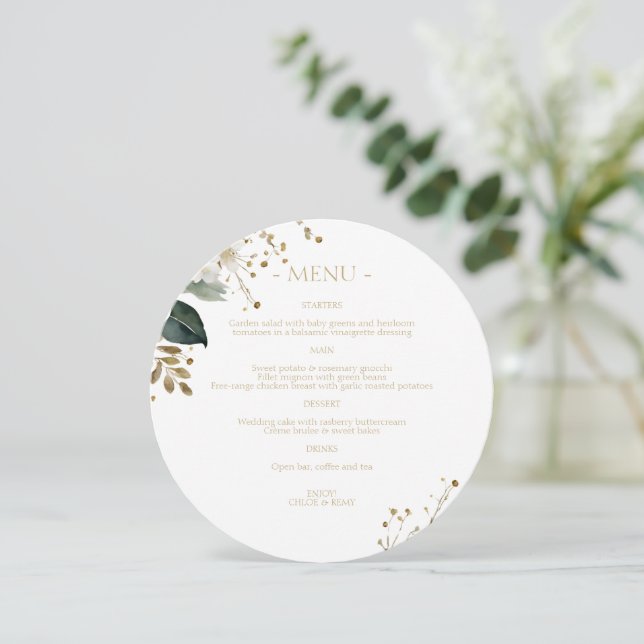 Chic White | Floral Foliage Watercolor Wedding  Menu (Standing Front)