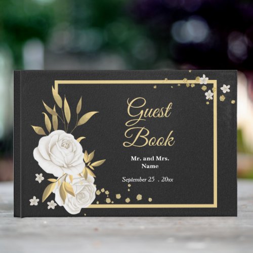 chic white floral gold leaves black guest book