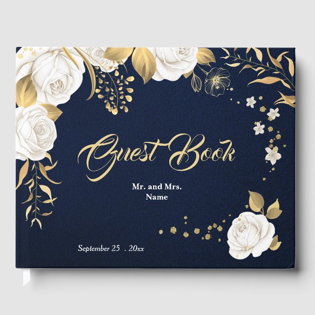 chic white floral gold leaves navy blue guest book (Front)