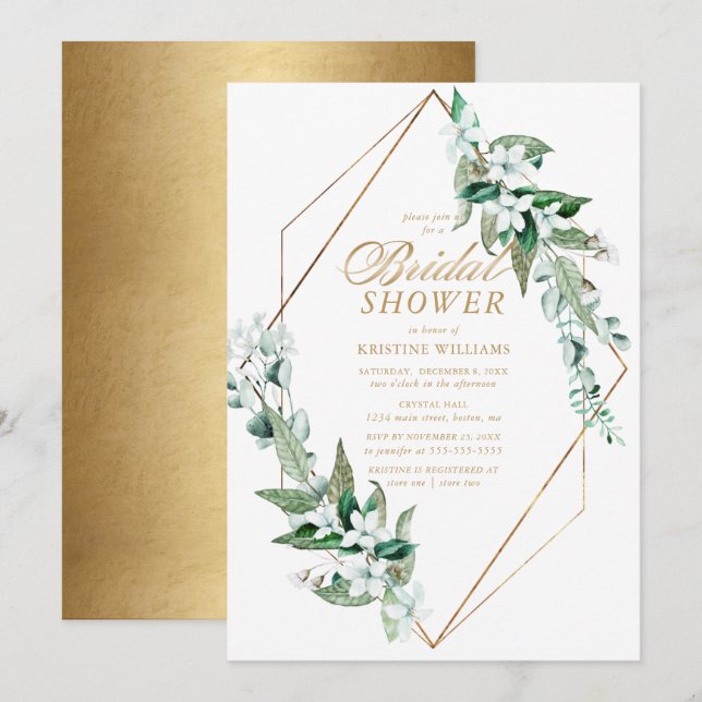 Chic White Floral Greenery Gold Bridal Shower Invitation (Front/Back)