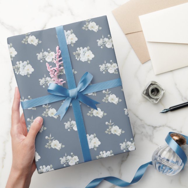 Chic White Floral Pattern Dusty Blue   Wrapping Paper (Gifting)