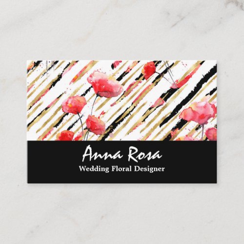 Chic White Floral Red Poppy Black Glitter Foil Business Card