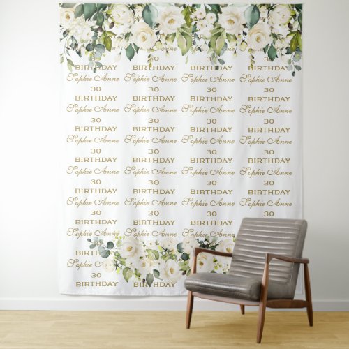 Chic White Floral Step  Repeat Birthday Backdrop