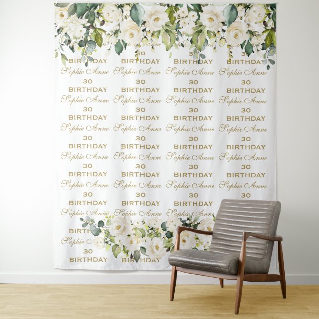 Chic White Floral Step & Repeat Birthday Backdrop (In Situ)