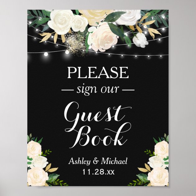 Chic White Floral String Lights Sign Our Guestbook