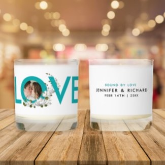 Chic White Floral Turquoise Bold Love Typo Photo