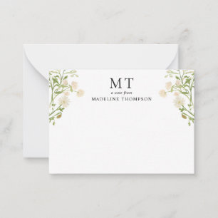 Chic White Floral Wildflower Classic Monogram Note Card