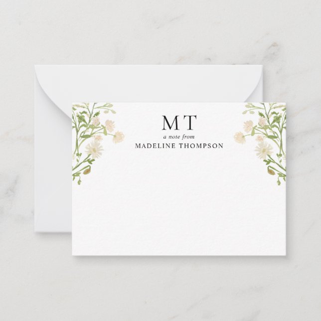 Chic White Floral Wildflower Classic Monogram Note Card (Front)
