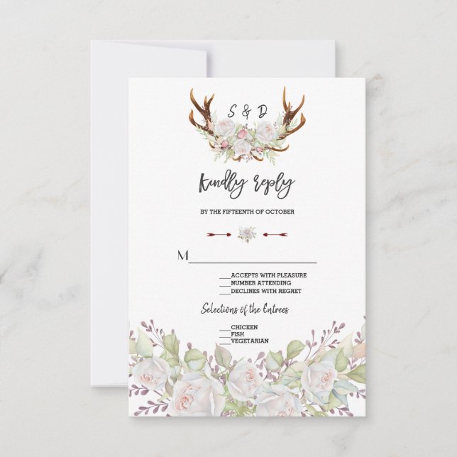 Chic White Flowers Antlers Handwriting RSVP (Front)