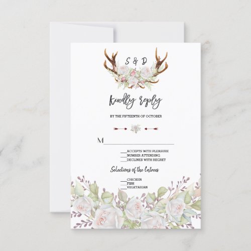 Chic White Flowers Antlers Handwriting RSVP