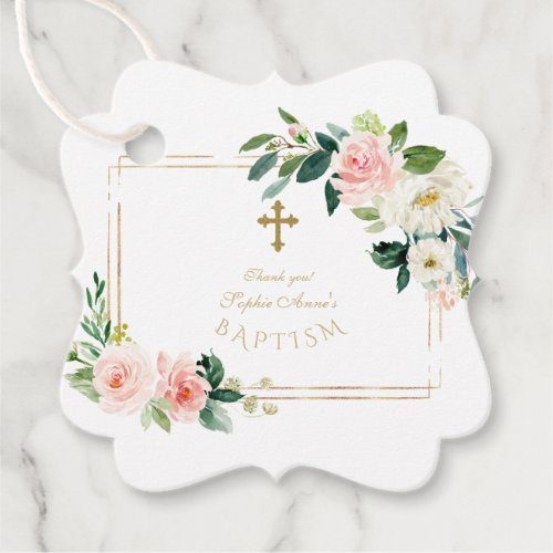 Chic White Flowers Bloom Gold Cross Frame Baptism Favor Tags