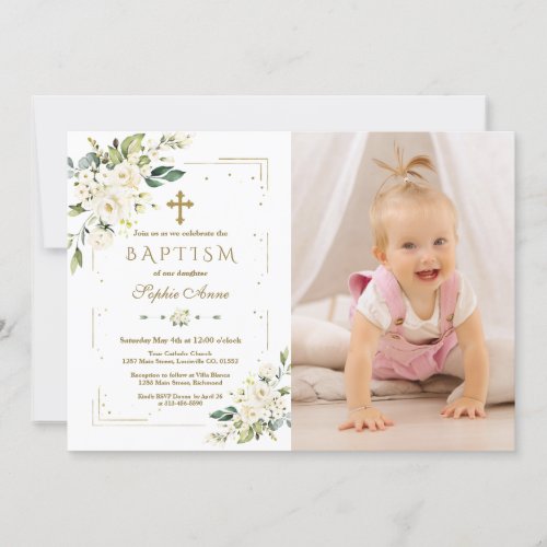 Chic White Flowers Gold Girl Photo Baptism Invitation