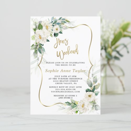 Chic White Flowers Gold Hens Bachelorette Weekend  Invitation