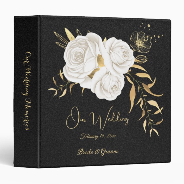 chic white flowers gold leaves black photo album 3 ring binder (Front/Spine)