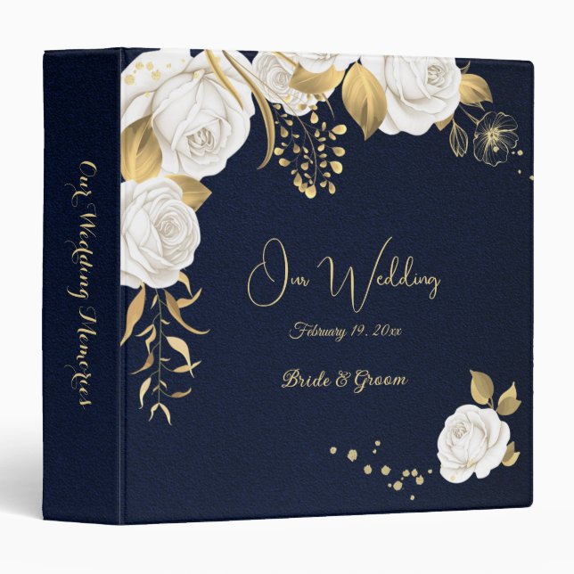 chic white flowers gold leaves navy photo album 3 ring binder (Front/Spine)