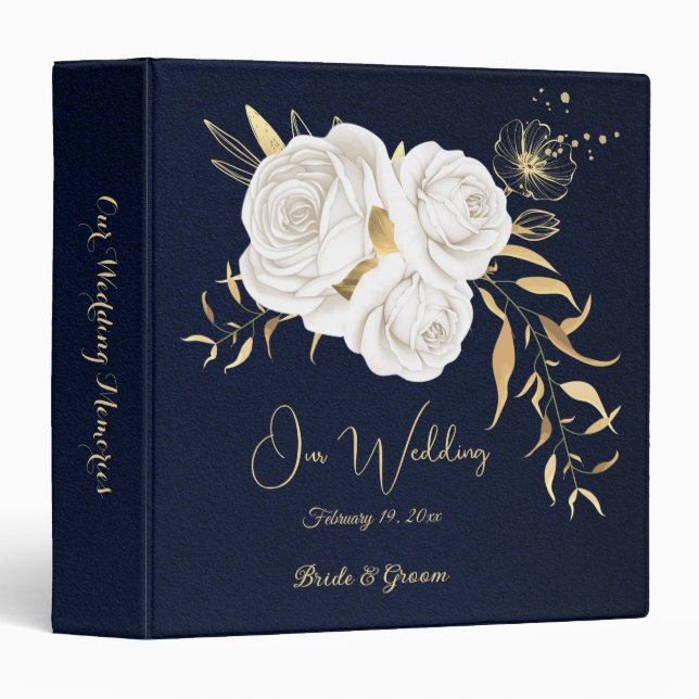 chic white flowers gold leaves navy photo album 3 ring binder (Front/Spine)