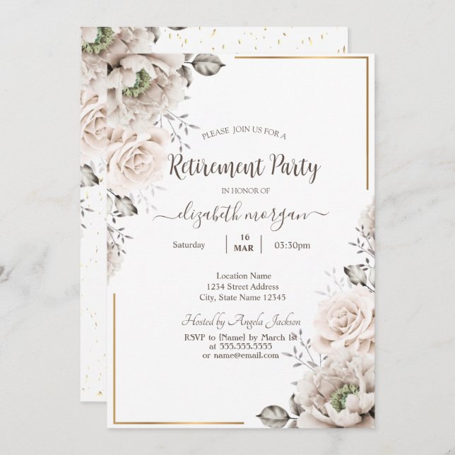 Chic White Flowers Retirement     Invitation (Front/Back)
