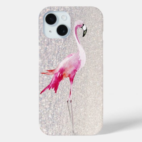 Chic white glitter pink watercolor flamingo iPhone 15 case