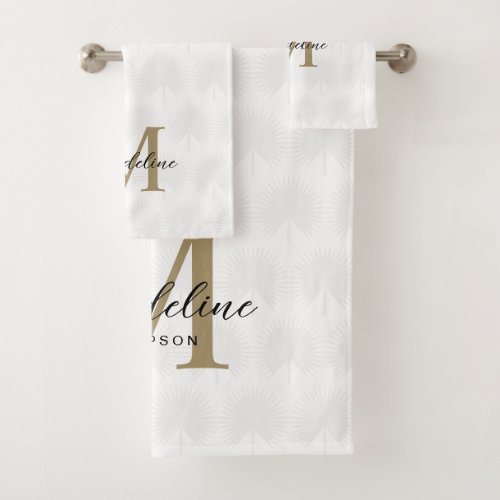 Chic White Gold Anahaw Leaf Script Monogram Bath Towel Set