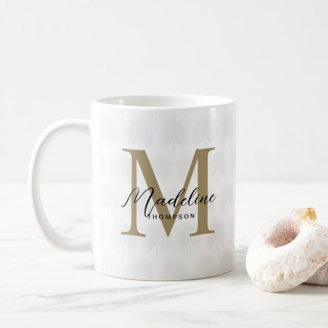 Chic White Gold Anahaw Leaf Script Monogram Coffee Mug (With Donut)