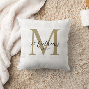 Chic White Gold Anahaw Leaf Script Monogram Throw Pillow