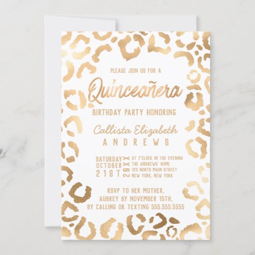 Chic White Gold Cheetah Leopard Quinceaera Invitation