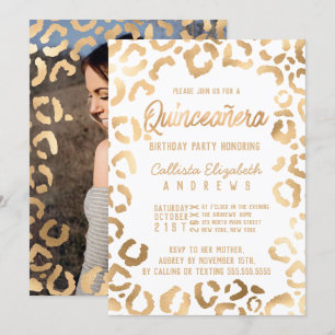 Chic White Gold Cheetah Leopard Quinceañera Photo Invitation