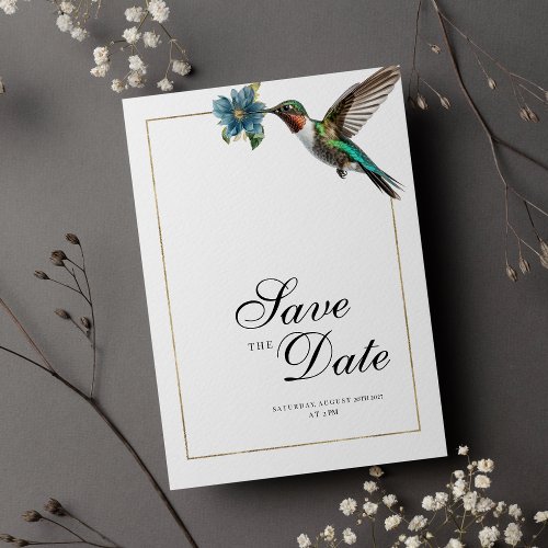 Chic white gold colorful hummingbird Save The Date Invitation