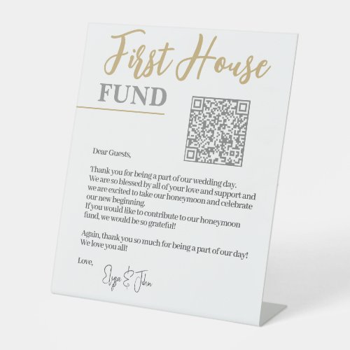 Chic White  Gold Elegant QR Code First House Fund Pedestal Sign