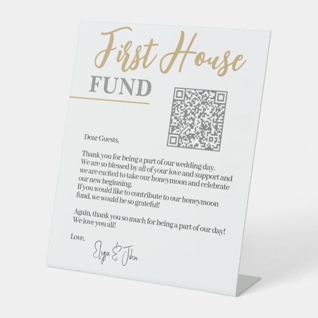Chic White & Gold Elegant QR Code First House Fund Pedestal Sign (Front)