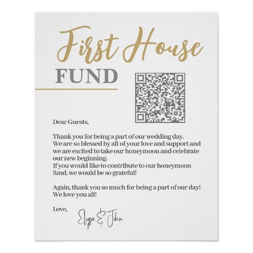 Chic White  Gold Elegant QR Code First House Fund Poster