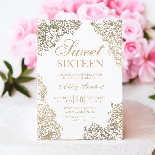 Chic white gold floral elegant Sweet sixteen Invitation