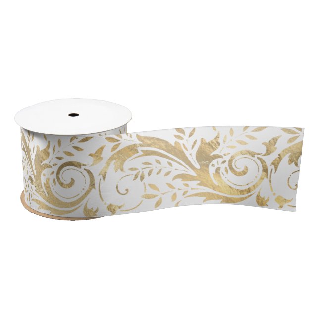 Chic White Gold Floral Scroll Modern Pattern Satin Ribbon (Spool)