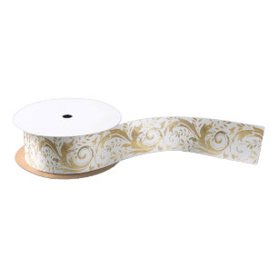 Chic White Gold Floral Scroll Modern Pattern Satin Ribbon