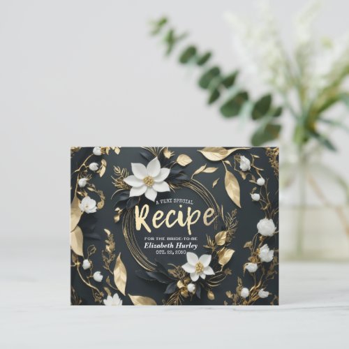Chic White Gold Floral Wreath Bridal Shower Recipe Invitation Postcard
