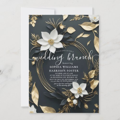 Chic White Gold Floral Wreath Photo Wedding Brunch Invitation
