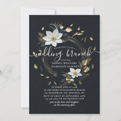 Chic White Gold Floral Wreath Photo Wedding Brunch Invitation