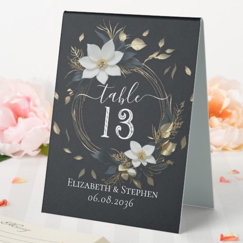 Chic White Gold Floral Wreath Wedding Table Number Table Tent Sign