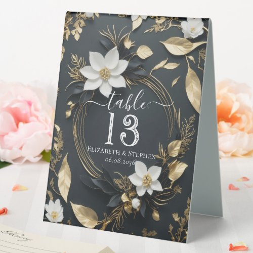 Chic White Gold Floral Wreath Wedding Table Number Table Tent Sign