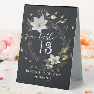 Chic White Gold Floral Wreath Wedding Table Number Tent