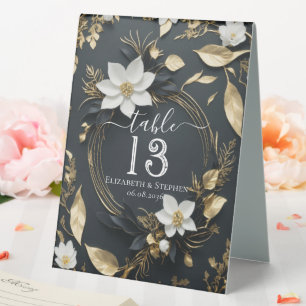 Chic White Gold Floral Wreath Wedding Table Number Tent