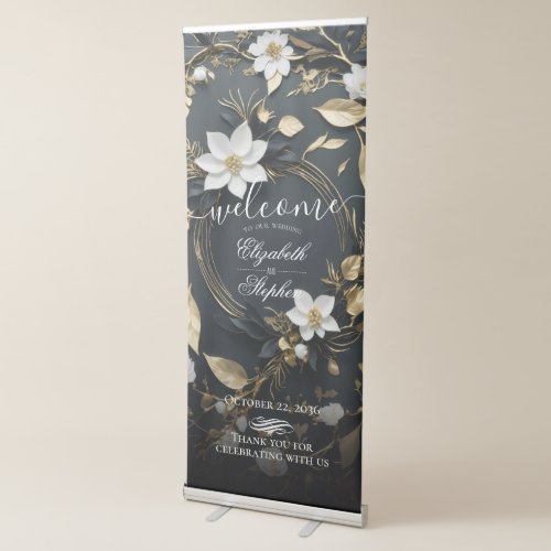 Chic White Gold Floral Wreath Wedding Welcome Sign